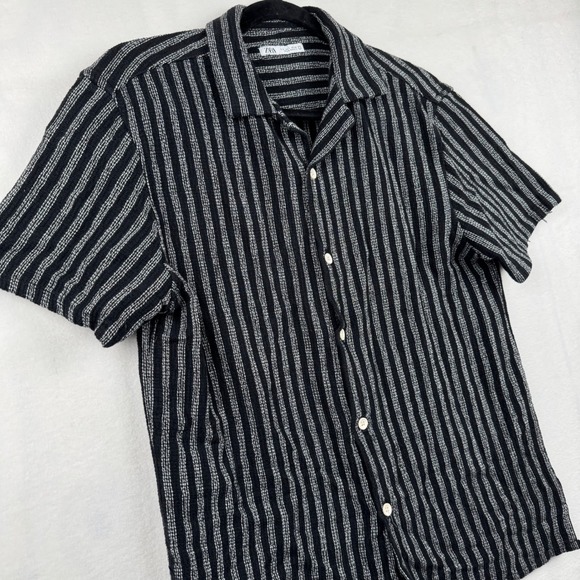 Zara Mens Button Down Shirt Striped Short Sleeve Camp Collar Black L - Picture 1 of 6